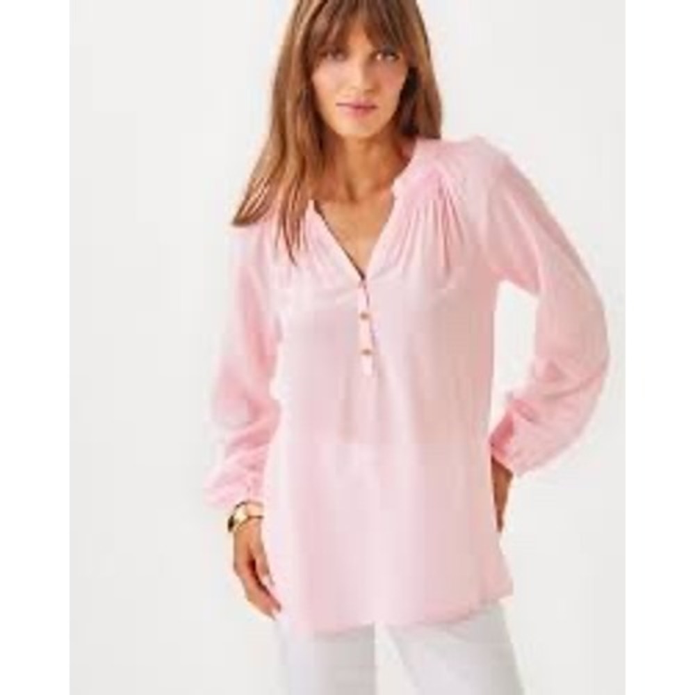 Lilly Pulitzer Elsa Top Pink Muse 100% Silk Smocked Blouse XXS NEW